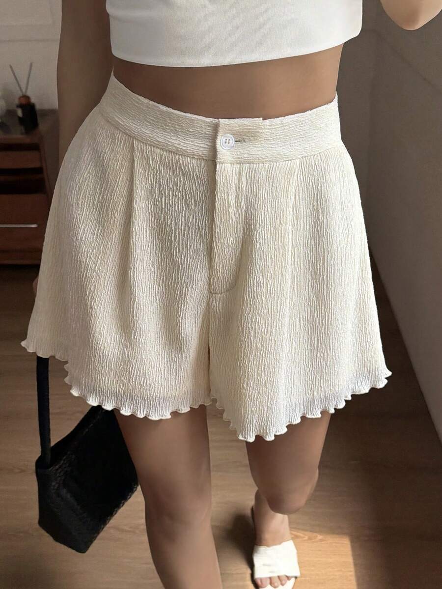 Livesso Women's Casual Solid Color Textured Shorts, Summer - Beige - View 1