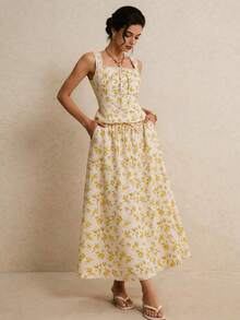 Poéselle 法式优雅黄色碎花吊带背心和半身裙两件套 - 黃色 - 查看 2