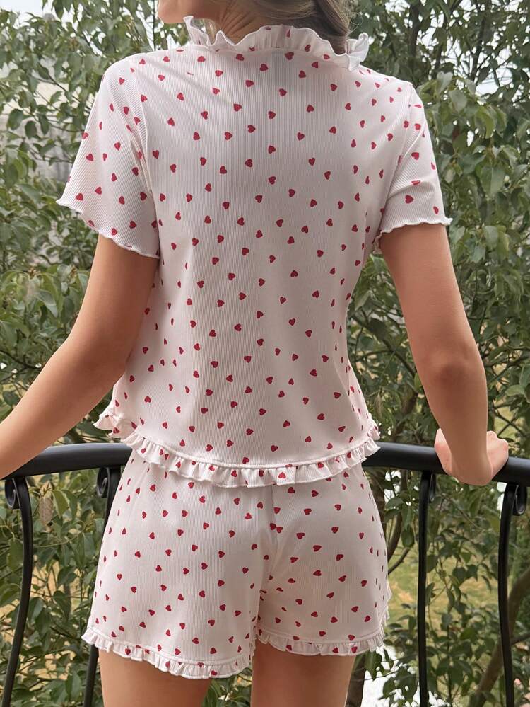2pcs Sweet Heart Pattern Ruffle Trim Tie Front Cardigan & Shorts Pajama Set For Women, Summer