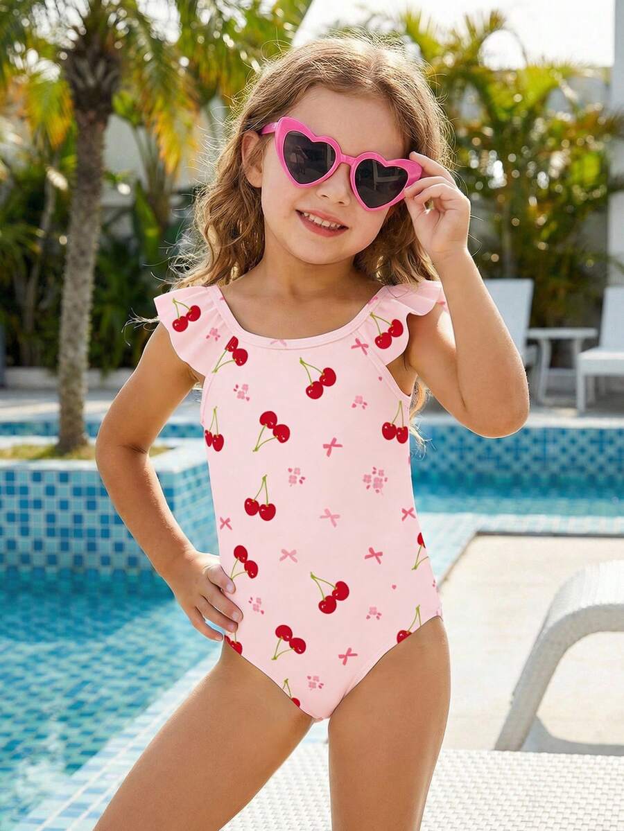 SHEIN 少女可爱复古樱桃印花荷叶袖连体泳衣，适合春夏游泳和度假 - 彩色 - 查看 1