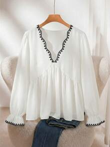 CosyJoli Plus Size Women Deep V-Neck Ruched Casual Versatile Shirt, Suitable For Vacation & Travel - Multicolor - View 3