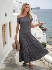 EMERY ROSE Women's Casual Solid Color Asymmetric Neck T-Shirt And Flared Skirt 2 Pieces Set Going Out Outfit Two Pieces Set For Women Summer Sets Matching Sets For Women Skirt And Blouse Set Casual Women Outfits 2-Piece Going Out Sets For Women Grey Casual Sets For Women Summer Outfit For Women Women's Summer Outfits Women Vacation Outfit Sets Skirt And Blouse Set - Grey - View 5