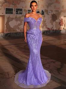 Glamrae Elegantes luxuriöses Off-Shoulder Perlen- & Pailletten-Blumen-Meerjungfrauenkleid, geeignet für Hochzeit, Party, Urlaub, Bankett (stark verziert) - Mauve - Übersicht 3