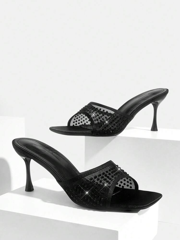 CUCCOO SZL Women Shoes Square Toe High Heel Black Mesh Full Diamond Pedal Fashion Elegant French Women's High Heel Sandals Slippers With Skirts Daily Versatile Sexy Banquet Party Women's Sandals Prom Heels