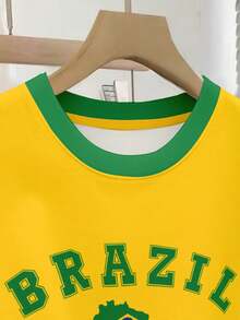 Franclia Women's Round Neck Short Flutter Sleeve Brazil Letter Print Graphic Top T-Shirt Tee - Multicolor - View 3