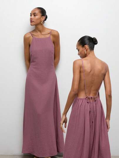 Maija Vestido casual de mujer de unicolor con tirantes de espagueti y espalda descubierta, para verano