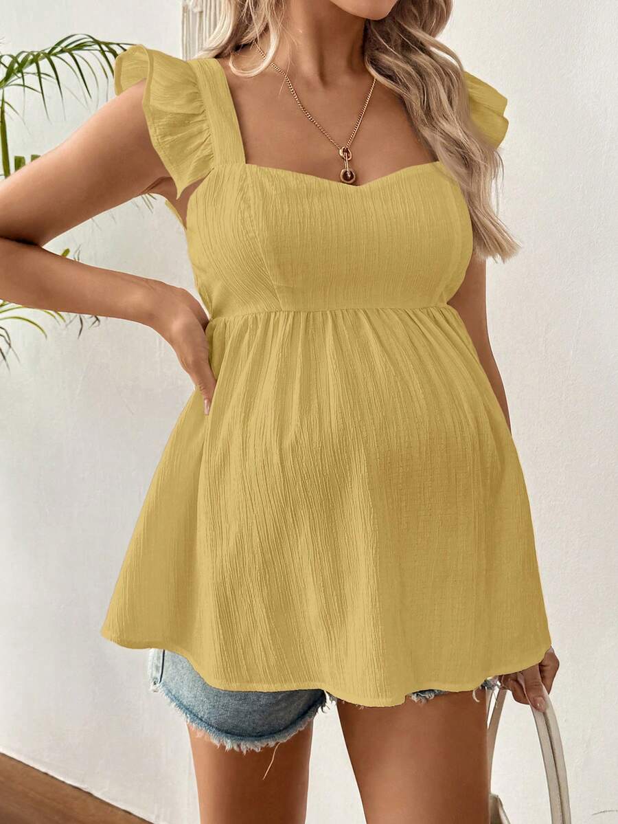 SHEIN Maternity Casual Vacation Style Solid Color Keyhole Neck Ruffle Armhole Babydoll Top Babyshower Summer - Yellow - View 1