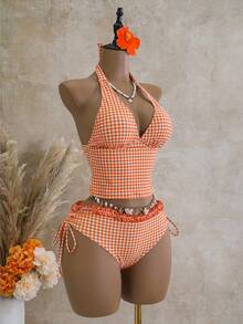 Swim Vcay Women's Tankini 2-Piece Swimwear Set, Plaid Print With Ruffle Trim, Halter Neck Tie Top And Drawstring Bottoms, Summer Beach Swimwear - Orange - View 5