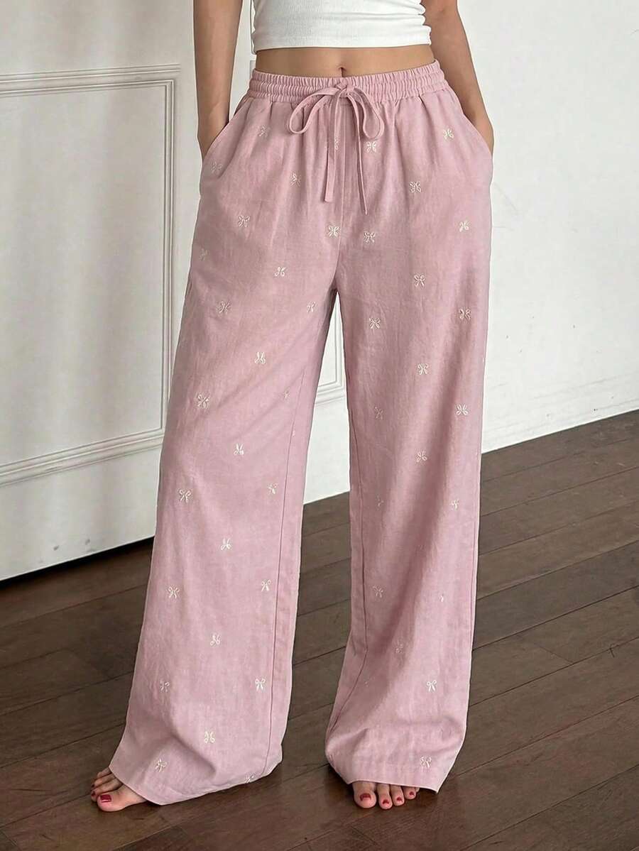 Livesso Cute Bow Pattern Allover Print Loose Pajama Pants, Fall, Winter - Pink - View 1