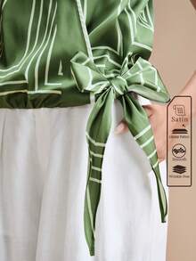 Aveloria Modichic Áo sơ mi nữ chất liệu satin bóng, cổ chữ V, dáng rộng, thắt eo, họa tiết hình học, thích hợp mặc đi làm hoặc mặc thường ngày. - màu xanh lá - Xem 6