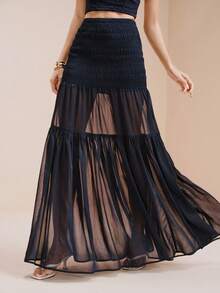 Arave Women's Chiffon Fabric Regular Waist Flared See-Through Overlay Design Casual Skirt - Navy Blue - View 4