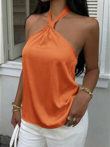 MainGRL Women's Summer Casual Solid Color Satin Backless Halter Top,Summer Top - Orange - View 5