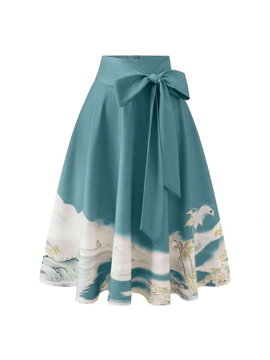 Franclia 女士高腰优雅百搭垂坠高端中国风山水印花系腰半身裙 - 藍色 - 查看 1