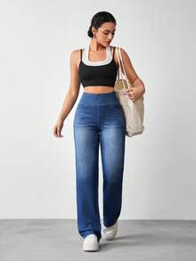 SHEIN Essnce Damen Lässig Vielseitig Alltagskleidung Hoch-Stretch Denim Hose Reise Marineblau Sommer, Große Frauen - Dunkle Waschung - Übersicht 5