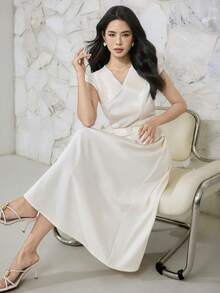 Heiryn Đầm dài dáng chữ A cao cấp, cổ chữ V, sang trọng, thắt eo, hàng hiệu mới. - Màu vàng ngỗng - Xem 4