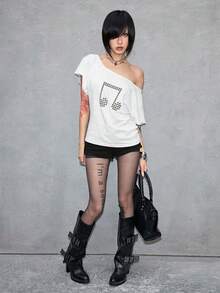 ROMWE Grunge Punk Camiseta suelta de unicolor con diseño de cruz remachada con láser, estilo Y2K punk, versátil - Blanco - Ver 8
