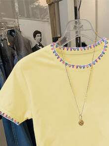 Franclia Women's Round Neck Color Block Casual Versatile Daily Wear Short Sleeve T-Shirt - Yellow - View 4