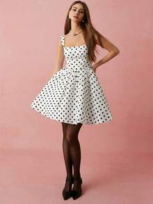 Women's Polka Dot Pattern Square Neck Sleeveless Elegant Dress - White - View 6