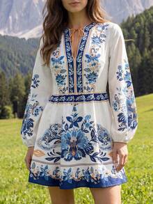 CAJUNI Women's Floral Print Ruched Casual Date Party Mini Dress - Beige - View 2