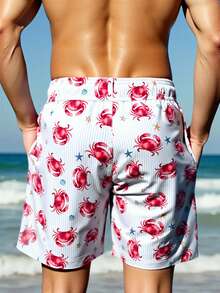 Manfinity Swimmode 男士时尚条纹螃蟹印花沙滩短裤 - 黑色 - 查看 2