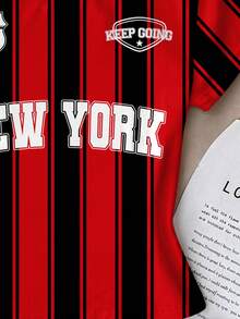 Tween Girls' Fitted Casual Comfortable Round Neck Long Slim Fit Short Sleeve T-Shirt, Suitable For Summer, Classic Cool Striped Graphic Print, New York City Text Graphic Print, Suitable For Sports - Multicolor - View 4