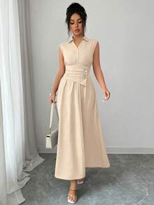 SHEIN Elenzya Vestido largo de línea A de unicolor con textura, con cuello y cintura ceñida, adecuado para ir al trabajo y salidas, para primavera/verano - Caqui - Ver 4