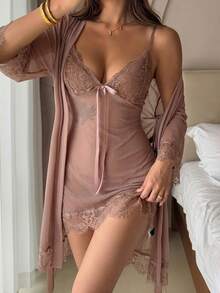 Mesh Contrast Lace Sexy Lingerie Set Pajama Valentine's Day - Dusty Pink - View 2