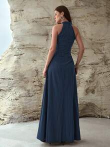 MOTF PREMIUM Đầm dài nữ bằng vải lanh, kiểu cổ yếm thắt nút xoắn, mùa xuân/hè. - Màu xanh hải quân - Xem 6