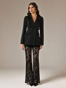 SHEIN Tall Women's Elegant Loose Double-Breasted Long Sleeve Blazer Jacket And Flared Lace Pants Set, Spring/Autumn Black Suit - Black - View 7