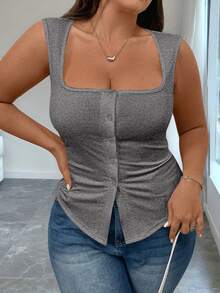 Easura Plus Size Solid Color Slimming Square Neck Knit Camisole, Summer Stylish Waist Cinching Sleeveless Cropped Tank Top - Grey - View 6