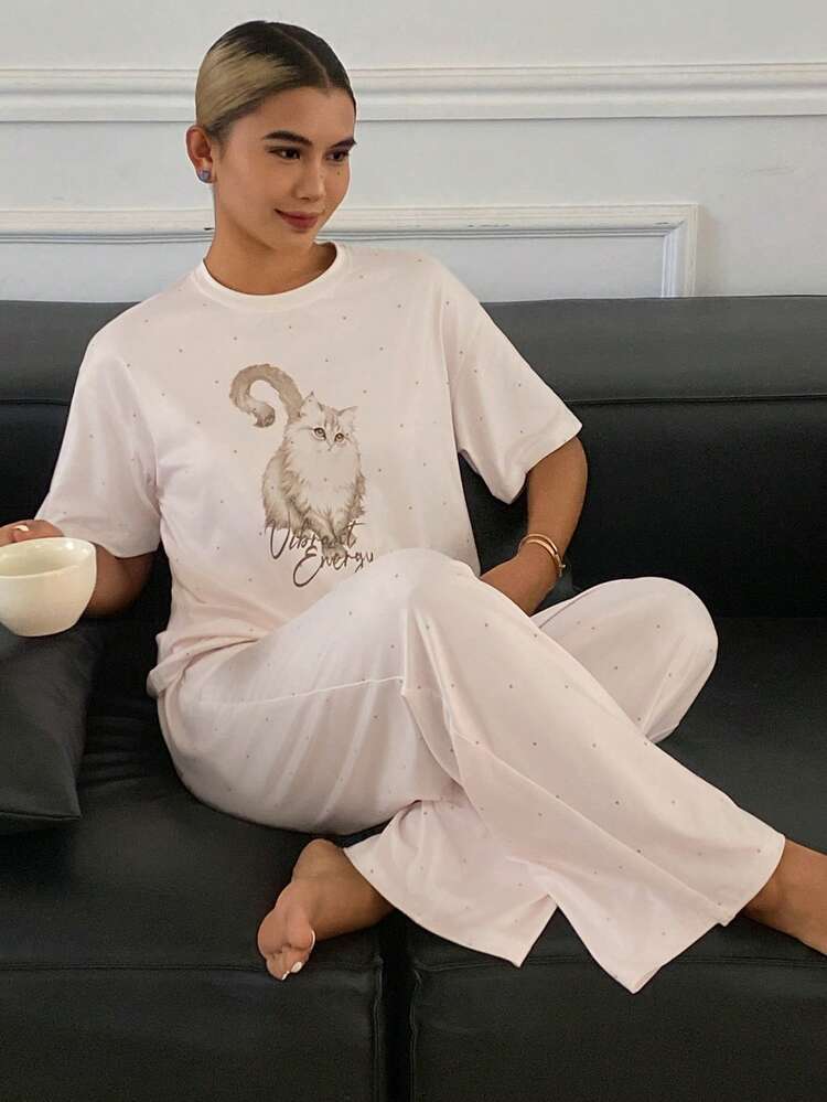 Women's Polka Dot & Cat Print Pajama Set, Summer