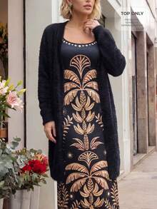 CAJUNI Áo khoác cardigan dài màu đen bằng vải nỉ, phong cách thanh lịch cho kỳ nghỉ - màu đen - Xem 1