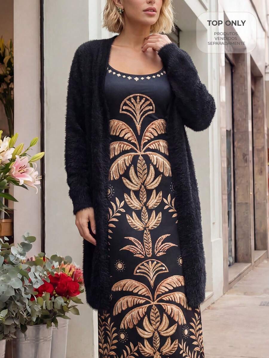 CAJUNI Áo khoác cardigan dài màu đen bằng vải nỉ, phong cách thanh lịch cho kỳ nghỉ - màu đen - Xem 1