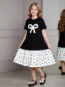 SHEIN Cute Black And White Summer Dress For Tween Girl,Back-To-School School Wear,Short-Sleeve Loose Fit With 3D Ruffled Bow And Mini Bow Print Ruffled Hem - Black - View 8