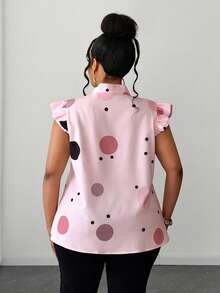 Maweii 女士夏季蝴蝶结无袖荷叶边下摆波点印花A字大码衬衫，优雅百搭，适合日常通勤和浪漫约会 - 粉色 - 查看 3