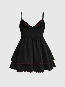 Sweetness Plus Size Women's Boudoir Style Floral Embroidered Contrast Ruffle Deep V-Neck Cinched Waist Babydoll Mini Fairycore Dress Date Night Black Summer - Black - View 10