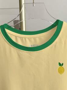 Resyla Plus Size Summer Casual Contrast Color Lemon Embroidery T-Shirt - Multicolor - View 3