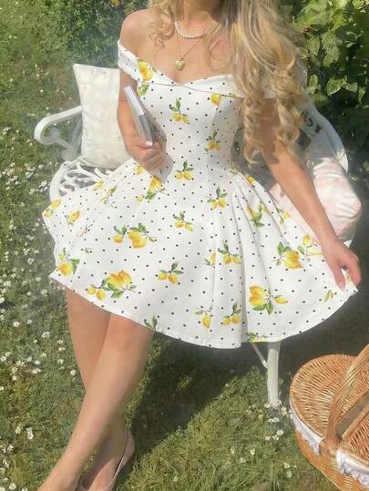 SHEIN MOD 女士露肩波点柠檬印花短裙