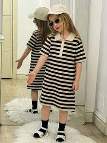 Young Girl Stripe Polo Collar Short Sleeve Casual Dress - Black and White - View 4