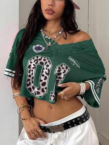 Coolane Women's Summer Sportswear Basic Y2K Number Pattern Contrast Lace V-Neck Jersey Over Size T-Shirt,Summer Top - Dark Green - View 3
