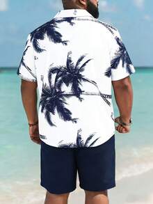 ResortEase Bộ 2 món áo sơ mi và quần short in hình cây dừa đi nghỉ mát thoải mái cho nam cỡ lớn, trang phục ấm áp - Nhiều màu - Xem 3