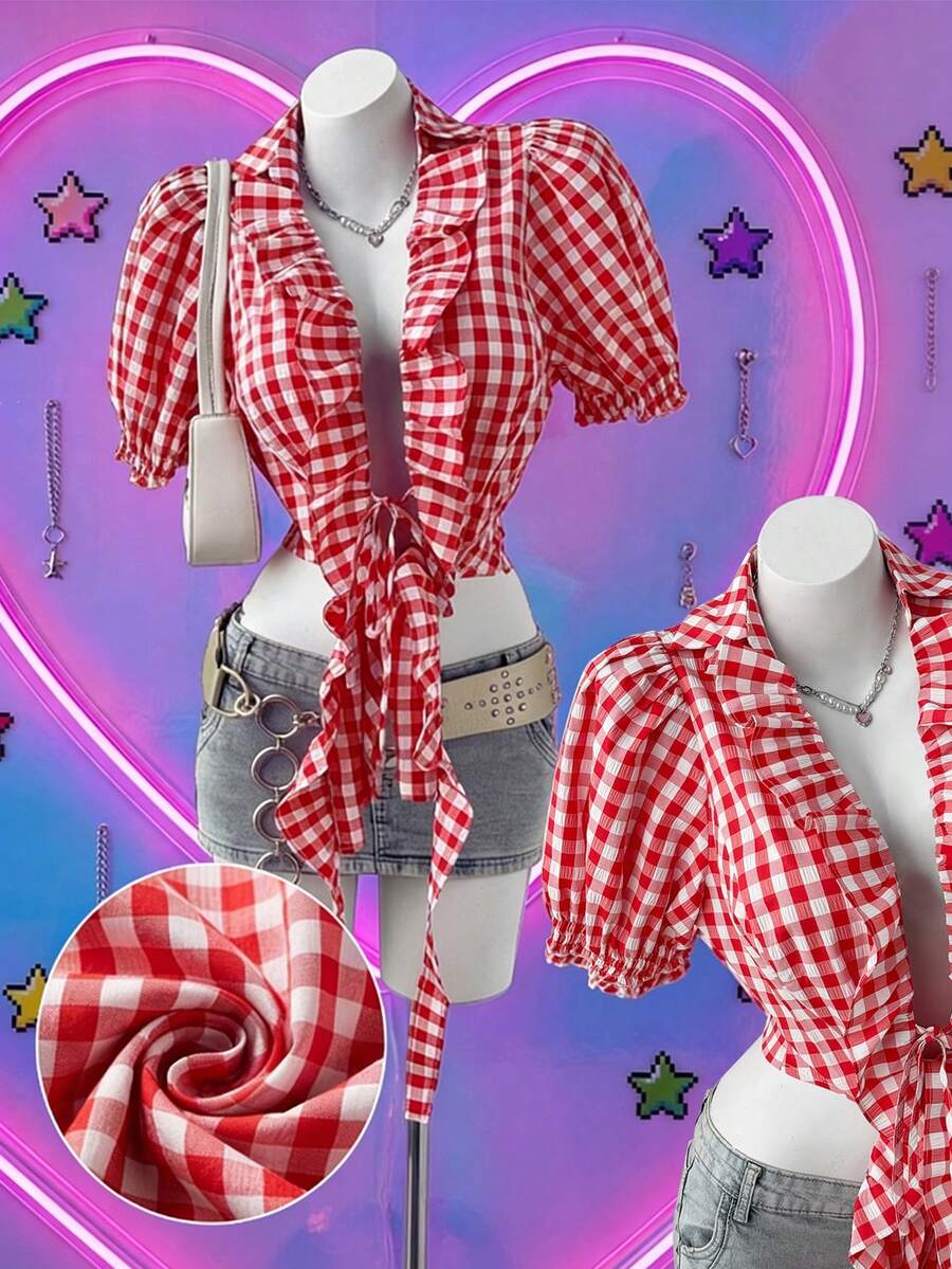Sunspun Sweet & Spicy Red & White Plaid Puff Sleeve Shirt Women, Cropped Tie-Waist Retro Slim Fit Blouse - Red - View 1