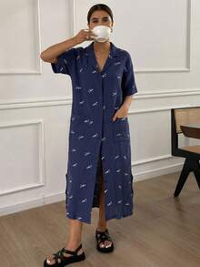 Cute Panda Pattern All Over Print Crinkle Fabric Women Nightgown Pajama, Moo Moo Night Dress - Navy Blue - View 2
