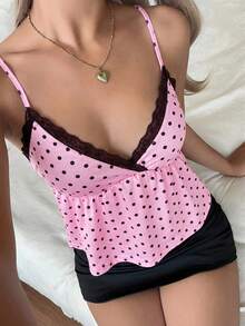 CovetEZ 女士春夏休闲吊带背心，春夏上衣，粉色宝嘉康蒂波点撞色棕色蕾丝吊带背心，圣诞上衣，宝嘉康蒂波点上衣，甜美宝嘉康蒂上衣，粉色宝嘉康蒂蕾丝拼接吊带背心 - 粉色 - 查看 5