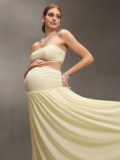 Cheriluna Maternity Bộ đồ chụp ảnh bầu 2 món, áo quây lưới lãng mạn và chân váy maxi lưới xếp ly cạp cao, trang phục nghỉ dưỡng mùa xuân/hè cho chụp ảnh.