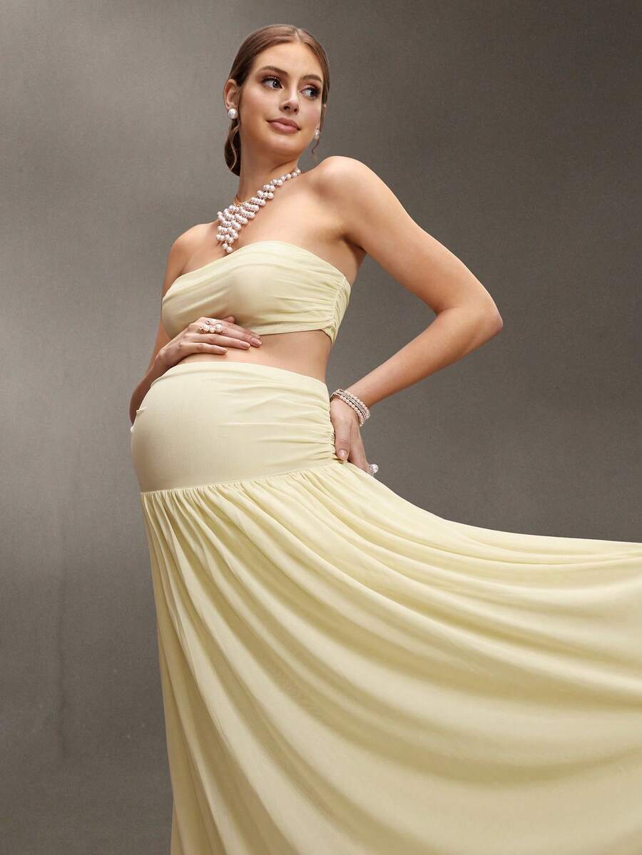 Cheriluna Maternity 2 piezas Conjunto de fotografía de maternidad, top bandeau de malla romántico y falda larga plisada de malla de cintura alta, ropa de resort de primavera/verano para fotografía - Albaricoque - Ver 1