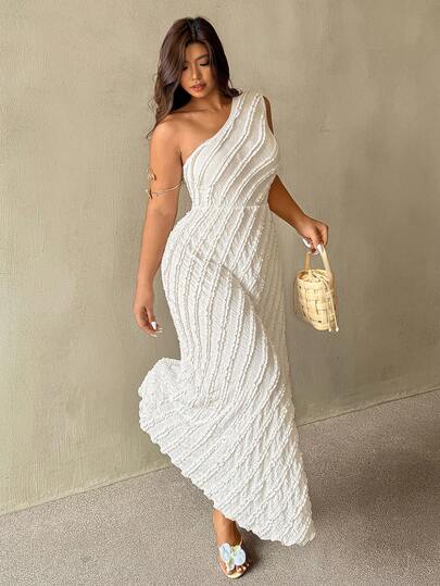 Auralis Đầm maxi dáng đuôi cá, chất liệu jacquard dệt kim 3D, vai lệch, viền bèo nhún, co giãn, có dây rút, kiểu dáng casual, thích hợp cho kỳ nghỉ, đi biển hoặc đi làm.