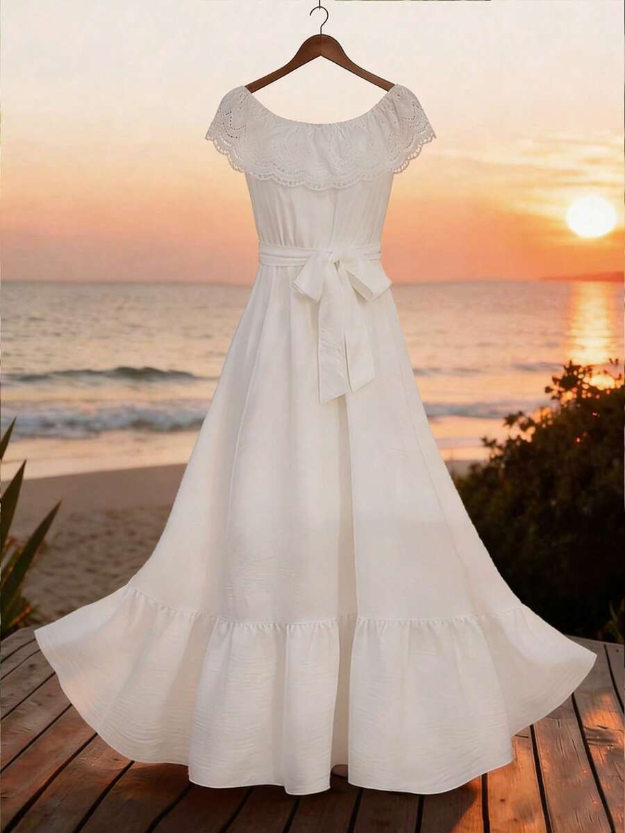 GlowEve Women's Fashion Off Shoulder Ruffle Solid White Wedding Party Date Night Waist Tie Bow Vacation Daily Beach Travel Ruffle Hem A-Line Maxi Dress, Spring/Summer - White - View 1