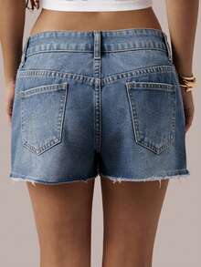 Siren Gaze 女士休闲百搭日常牛仔迷你裙，带口袋和纽扣，做旧设计 - 淺色水洗藍 - 查看 3