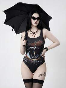 ROMWE Goth 女士优雅沙滩度假泳衣，适合春、夏、秋季穿着，时尚朋克风3D立体眼效果连体泳衣 - 黑色 - 查看 4